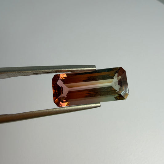 Brown gemstone held by tweezers on a light gray background