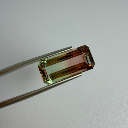 Multicolored gemstone held by tweezers on a light gray background