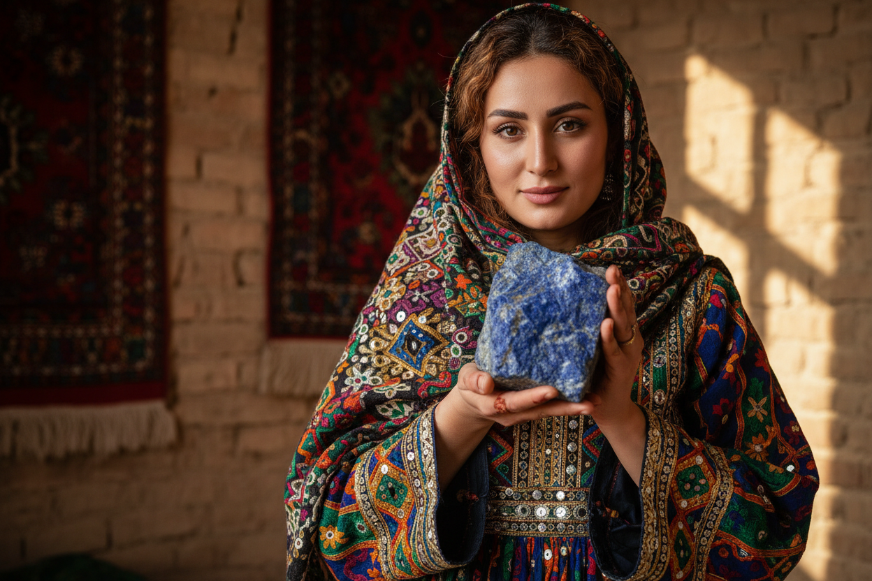 generate a picture of a afghan woman with trandinional dress which shows a afghan stone to camera